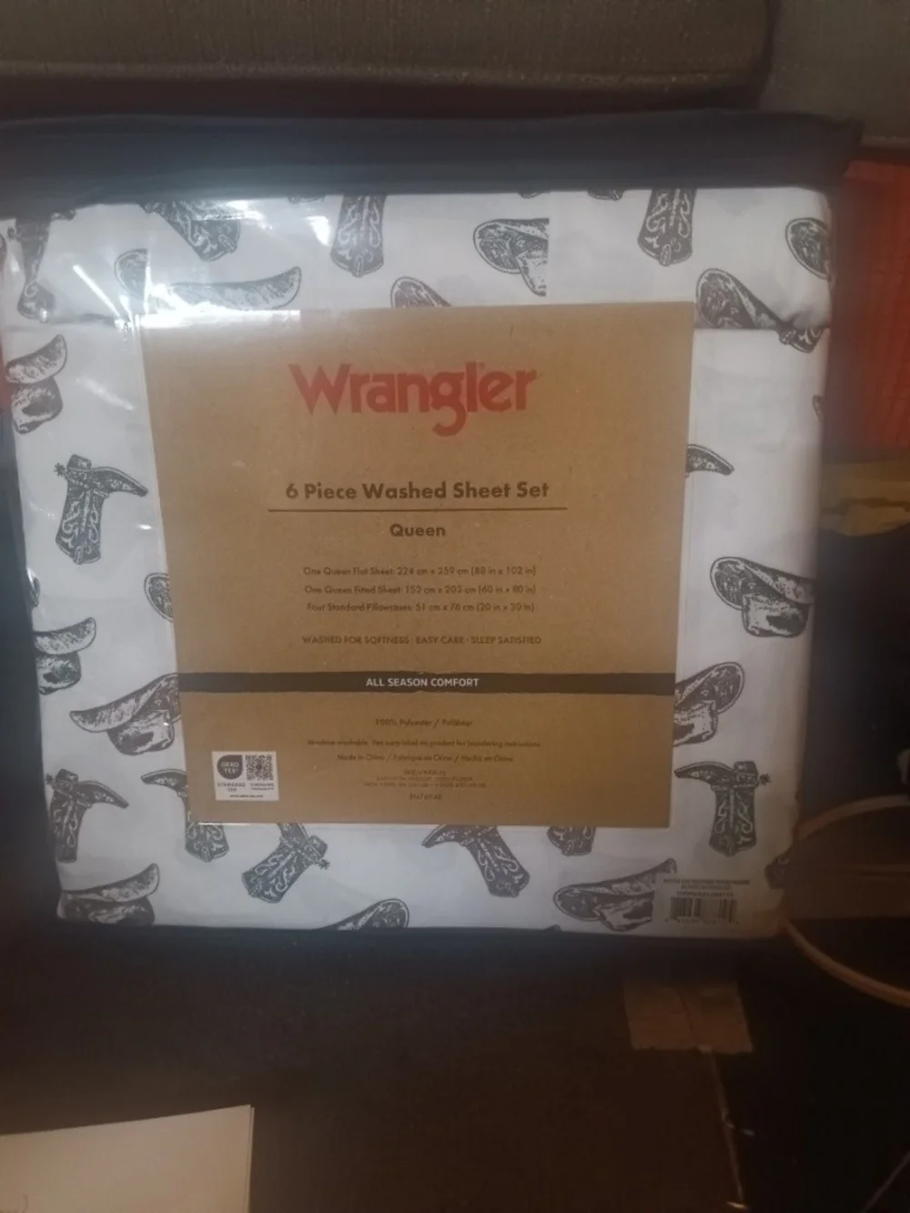 Wrangler Cowboy Hat Print Queen Sheet Set - White with Brown Print